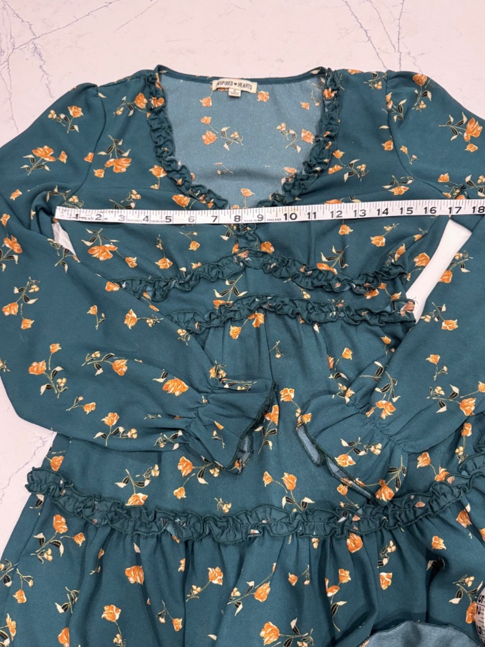 Inspired Hearts Teal Floral Ruffle Mini Dress Long Sleeve Boho Western Sz Small - Picture 7 of 11